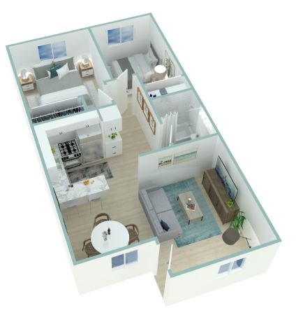Floor plan for 2 beds, 1 bath, 769 sqft